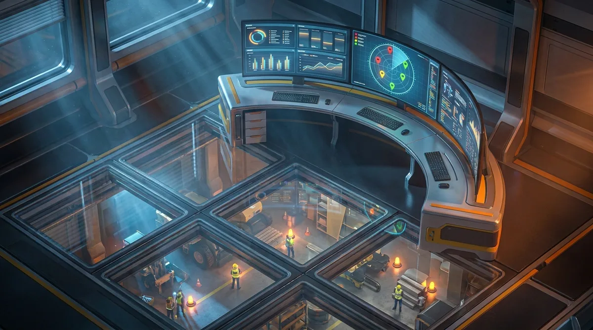 Isometric 3D diorama of a WHS command centre with a live colour-coded hazard map