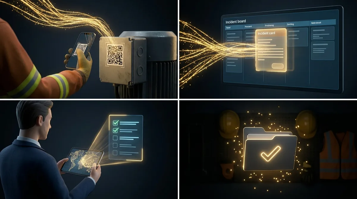3D narrative of an incident lifecycle from QR report to sealed evidence folder