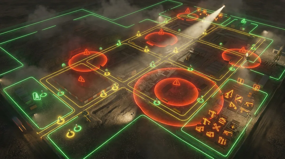 Aerial 3D visualisation of a worksite divided into colour-coded safety zones