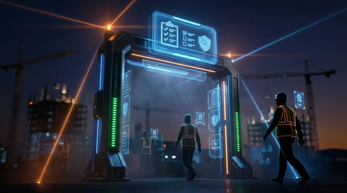 Stylised 3D induction checkpoint gate with verified digital badges